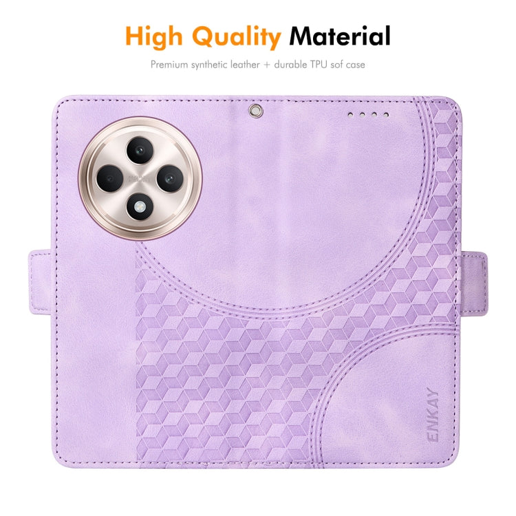 For OPPO Reno12 F 4G Global ENKAY Embossed Rhombus Starry Leather Phone Case with Screen Film(Purple)