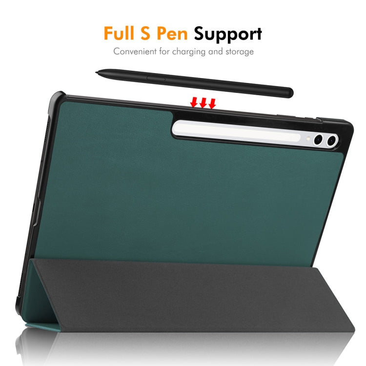 For Samsung Galaxy Tab S10+ / S9+ / S9 FE+ ENKAY Tri-fold Custer Texture Plastic Leather Smart Tablet Case with Pen Slot(Dark Green)