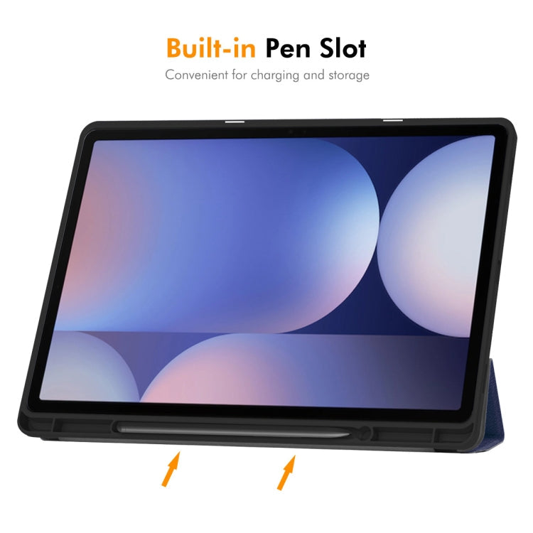 For Samsung Galaxy Tab S10 Ultra / S9 Ultra ENKAY Tri-fold Custer Texture TPU Leather Smart Tablet Case with Pen Slot(Dark Blue)