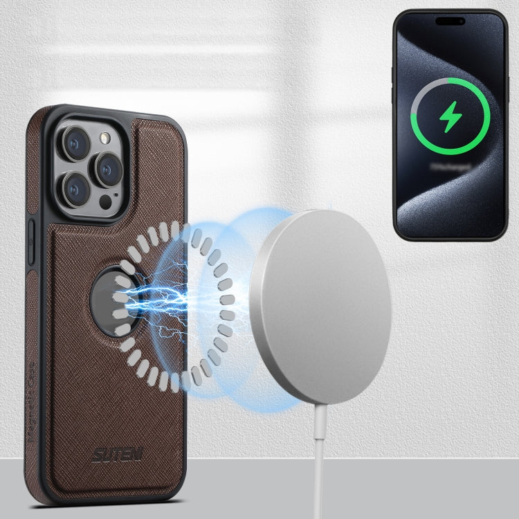 For iPhone 12 Pro Max Suteni G1 Cross Texture MagSafe Phone Case(Brown)