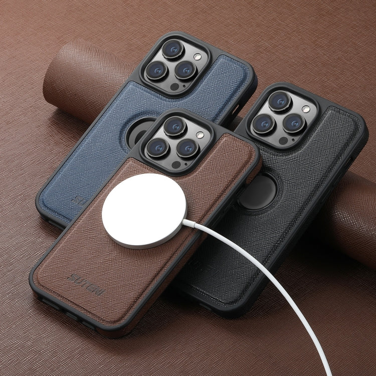 For iPhone 14 Suteni G1 Cross Texture MagSafe Phone Case(Brown)