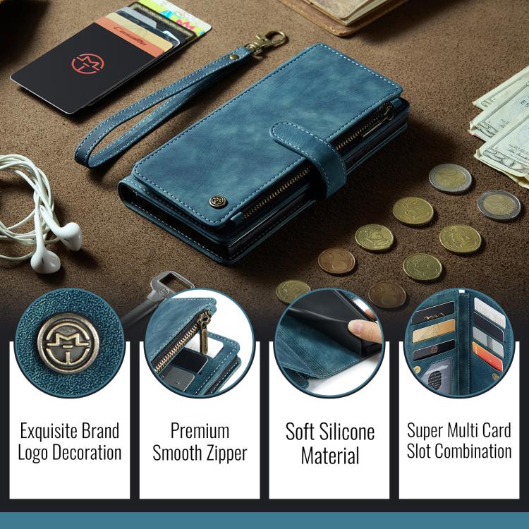 For Samsung Galaxy S25+ 5G CaseMe C30 Card Slots Zipper Wallet Leather Phone Case(Blue)