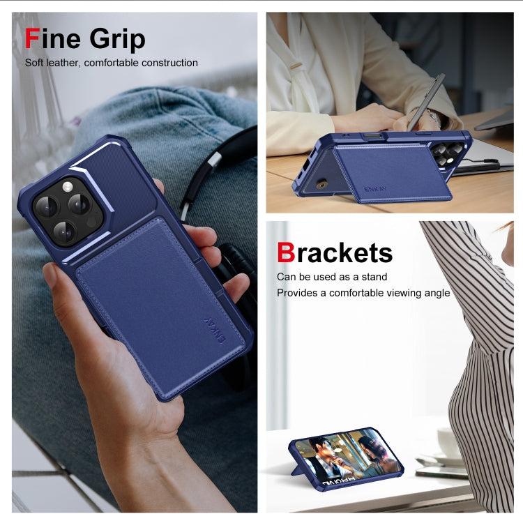 For iPhone 16 Pro Max ENKAY Hat-Prince Card Slot Wallet TPU Back Leather Phone Case with Lens Film(Cyan)