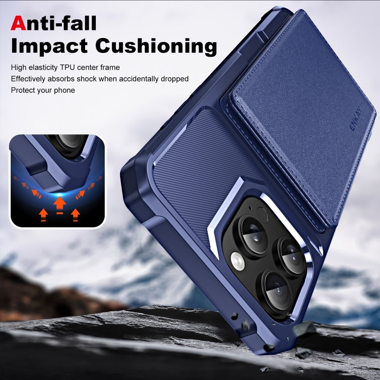 For iPhone 15 Pro ENKAY Hat-Prince Card Slot Wallet TPU Back Leather Phone Case with Lens Film(Dark Blue)