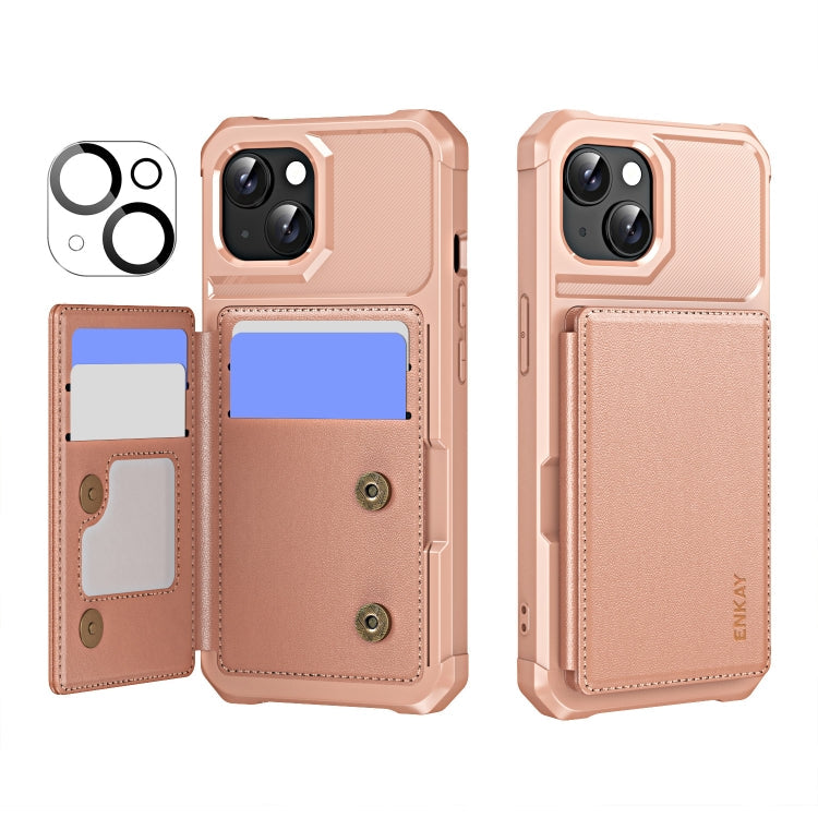 For iPhone 14 Plus ENKAY Hat-Prince Card Slot Wallet TPU Back Leather Phone Case with Lens Film(Rose Gold)