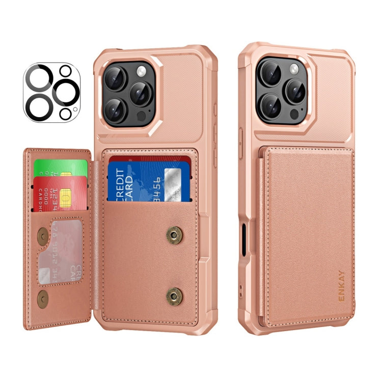 For iPhone 14 Pro Max ENKAY Hat-Prince Card Slot Wallet TPU Back Leather Phone Case with Lens Film(Rose Gold)