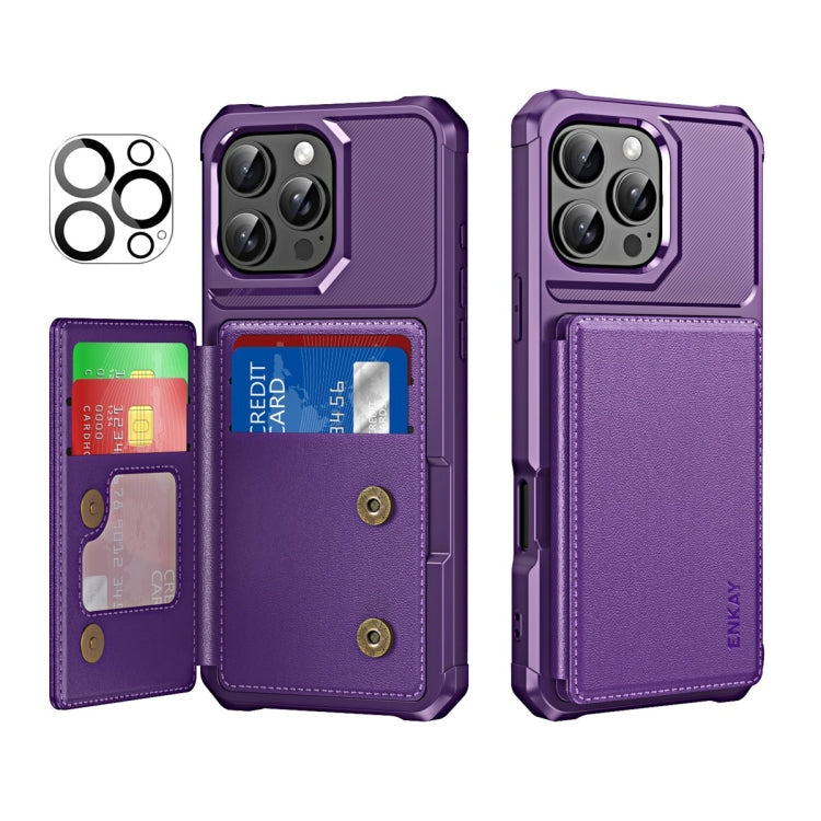 For iPhone 14 Pro Max ENKAY Hat-Prince Card Slot Wallet TPU Back Leather Phone Case with Lens Film(Purple)