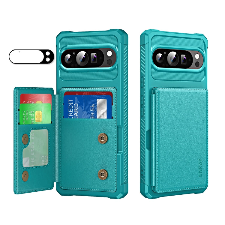 For Google Pixel 9 Pro XL ENKAY Hat-Prince Card Slot Wallet TPU Back Leather Phone Case with Lens Film(Cyan)