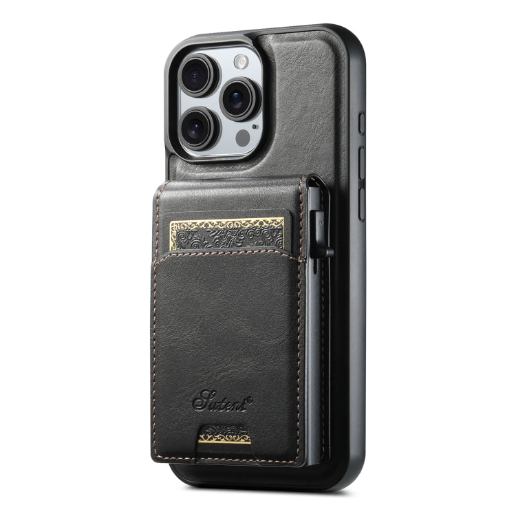 For iPhone 16 Pro Suteni H19 Oil Wax 2-in-1 MagSafe Removable Card Box Back Phone Case(Black)