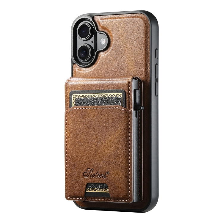 For iPhone 16 Suteni H19 Oil Wax 2-in-1 MagSafe Removable Card Box Back Phone Case(Brown)