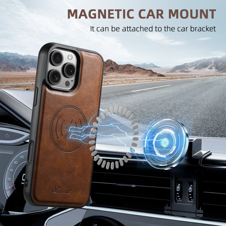 For iPhone 15 Pro Suteni H19 Oil Wax 2-in-1 MagSafe Removable Card Box Back Phone Case(Brown)