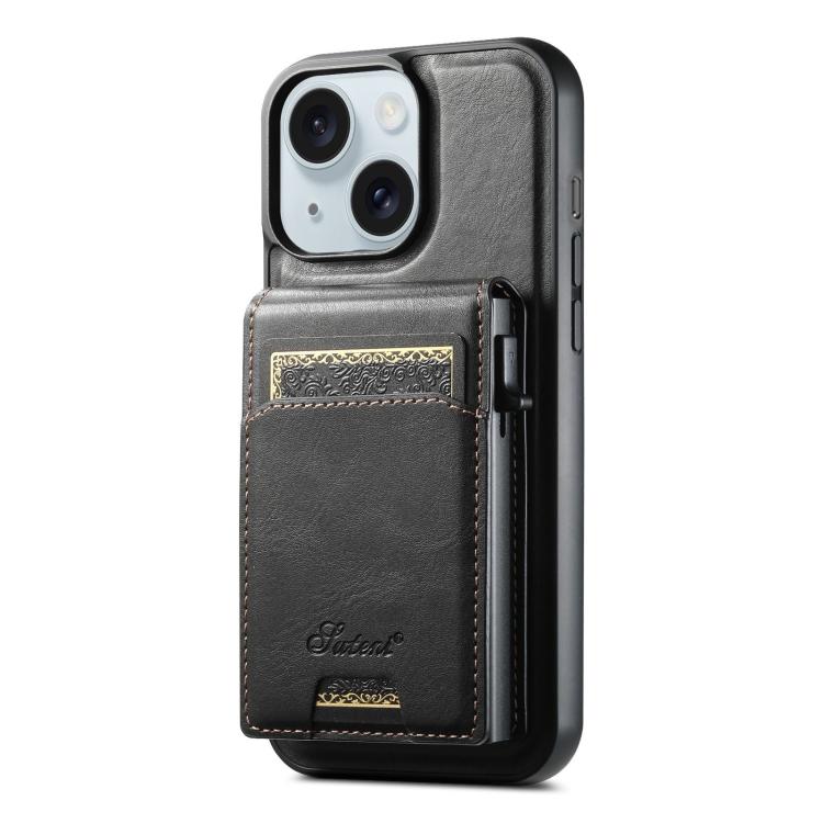 For iPhone 15 Suteni H19 Oil Wax 2-in-1 MagSafe Removable Card Box Back Phone Case(Black)