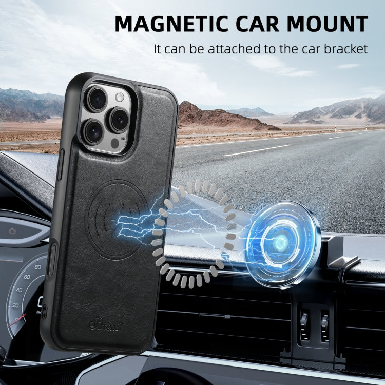 For iPhone 15 Suteni H19 Oil Wax 2-in-1 MagSafe Removable Card Box Back Phone Case(Black)