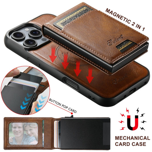 For iPhone 15 Suteni H19 Oil Wax 2-in-1 MagSafe Removable Card Box Back Phone Case(Brown)