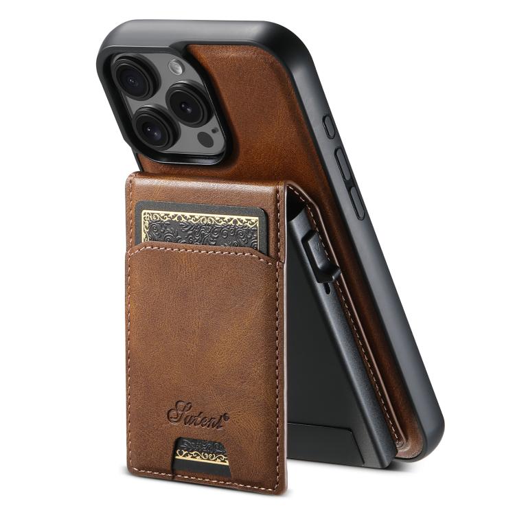 For iPhone 14 Pro Max Suteni H19 Oil Wax 2-in-1 MagSafe Removable Card Box Back Phone Case(Brown)