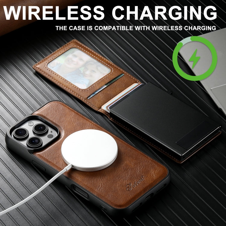 For iPhone 14 Pro Max Suteni H19 Oil Wax 2-in-1 MagSafe Removable Card Box Back Phone Case(Brown)