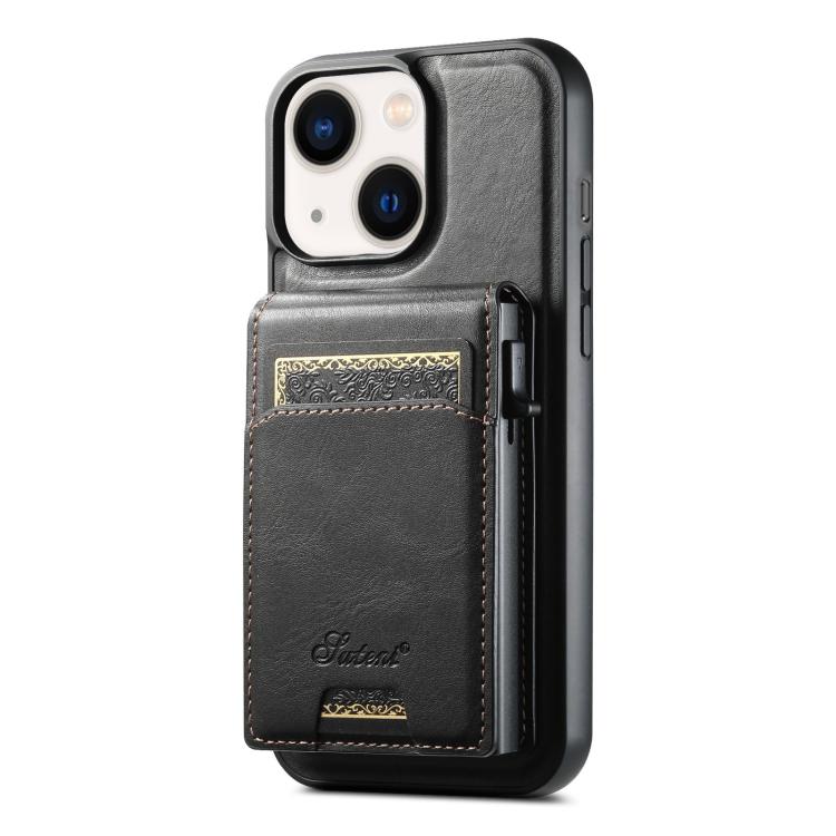 For iPhone 14 Suteni H19 Oil Wax 2-in-1 MagSafe Removable Card Box Back Phone Case(Black)