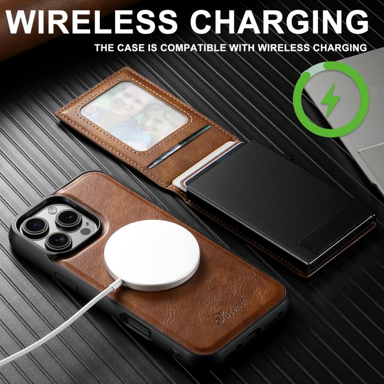 For iPhone 14 Suteni H19 Oil Wax 2-in-1 MagSafe Removable Card Box Back Phone Case(Brown)