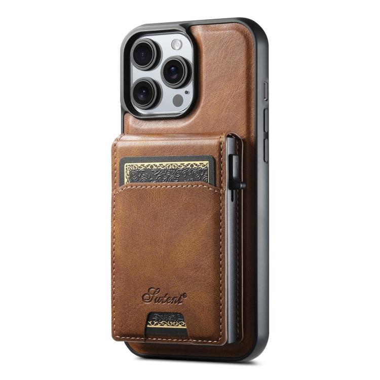 For iPhone 13 Pro Max Suteni H19 Oil Wax 2-in-1 MagSafe Removable Card Box Back Phone Case(Brown)
