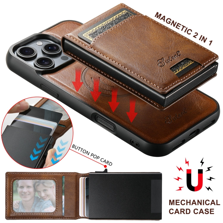For iPhone 13 Suteni H19 Oil Wax 2-in-1 MagSafe Removable Card Box Back Phone Case(Brown)