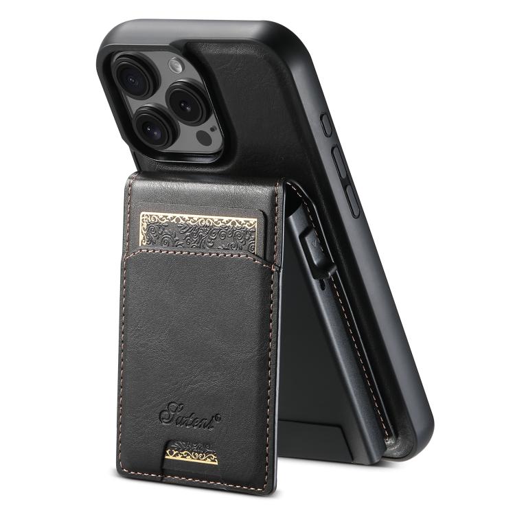 For iPhone 12 Suteni H19 Oil Wax 2-in-1 MagSafe Removable Card Box Back Phone Case(Black)