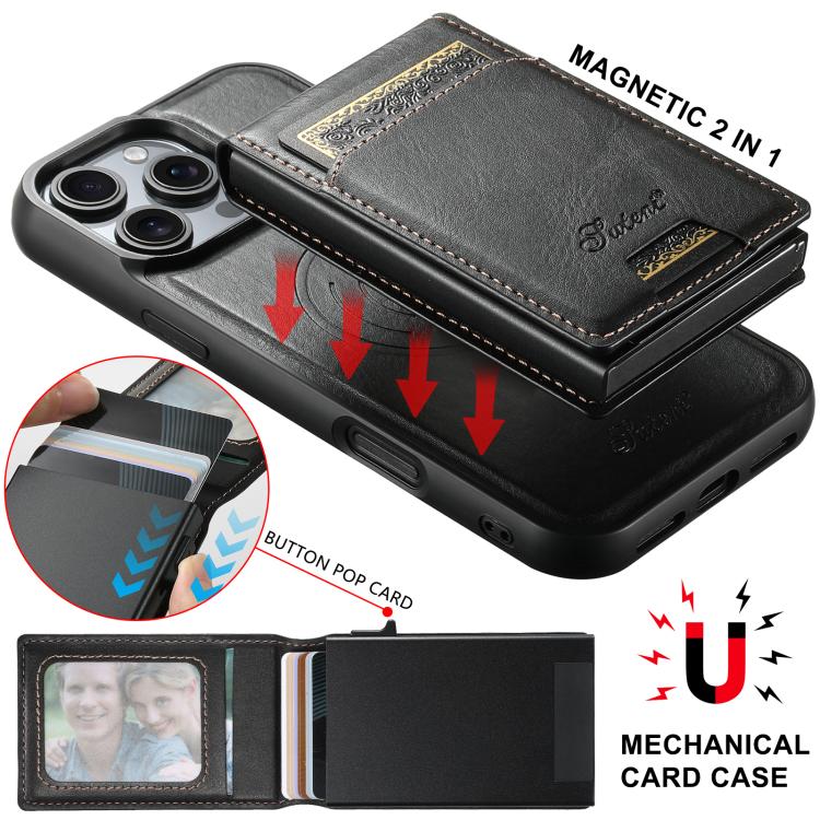 For iPhone 12 Suteni H19 Oil Wax 2-in-1 MagSafe Removable Card Box Back Phone Case(Black)