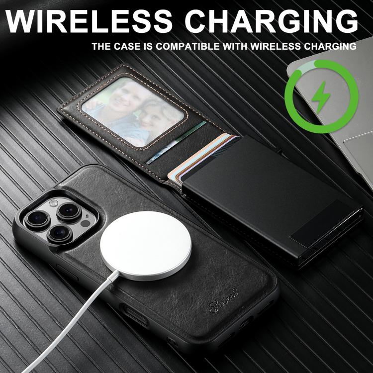 For iPhone 12 Suteni H19 Oil Wax 2-in-1 MagSafe Removable Card Box Back Phone Case(Black)