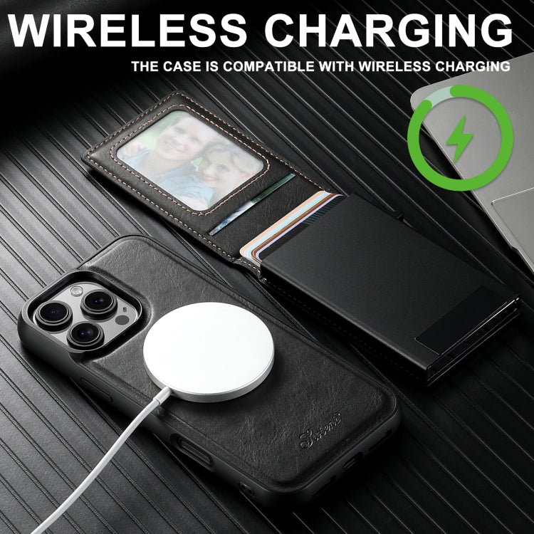 For iPhone 12 Suteni H19 Oil Wax 2-in-1 MagSafe Removable Card Box Back Phone Case(Black)