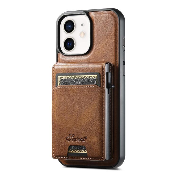For iPhone 12 Suteni H19 Oil Wax 2-in-1 MagSafe Removable Card Box Back Phone Case(Brown)