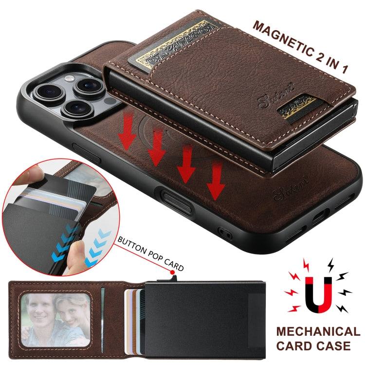 For iPhone 16 Pro Suteni H19 Litchi Grain 2-in-1 MagSafe Removable Card Box Back Phone Case(Brown)