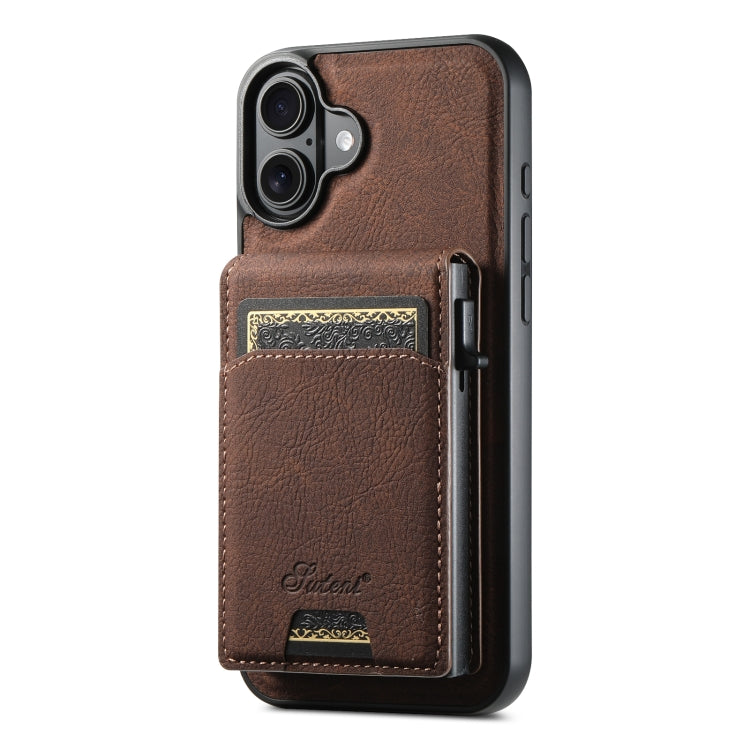 For iPhone 16 Plus Suteni H19 Litchi Grain 2-in-1 MagSafe Removable Card Box Back Phone Case(Brown)