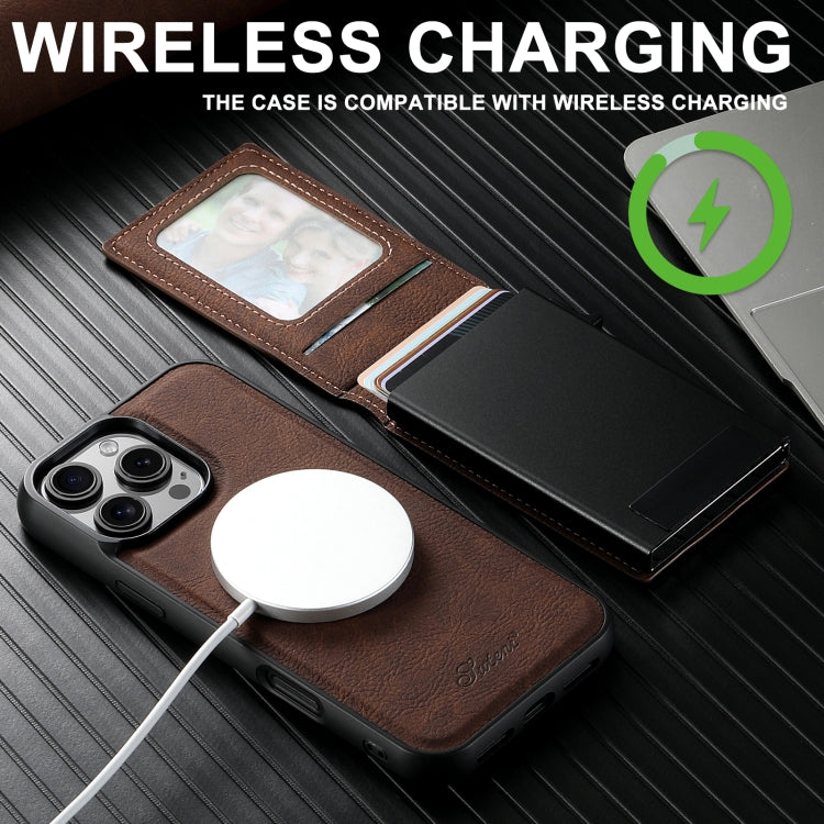 For iPhone 16 Plus Suteni H19 Litchi Grain 2-in-1 MagSafe Removable Card Box Back Phone Case(Brown)