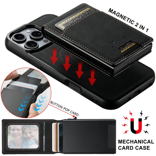 For iPhone 16 Suteni H19 Litchi Grain 2-in-1 MagSafe Removable Card Box Back Phone Case(Black)