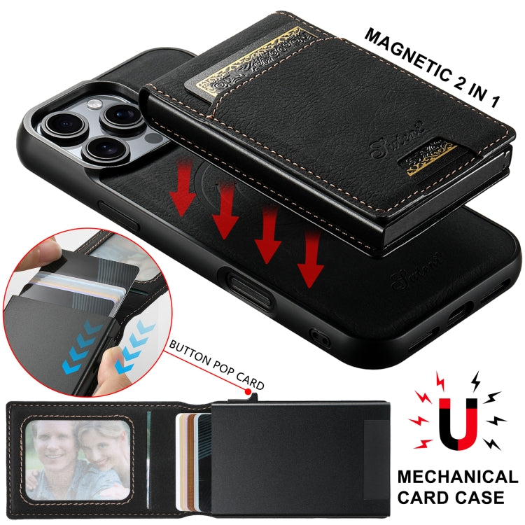 For iPhone 15 Pro Max Suteni H19 Litchi Grain 2-in-1 MagSafe Removable Card Box Back Phone Case(Black)