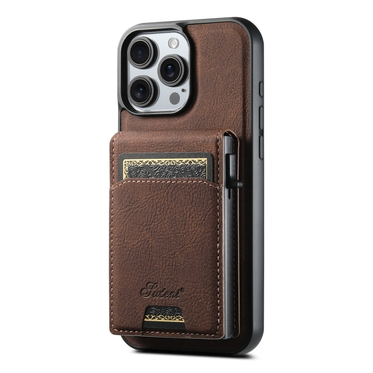 For iPhone 15 Pro Max Suteni H19 Litchi Grain 2-in-1 MagSafe Removable Card Box Back Phone Case(Brown)