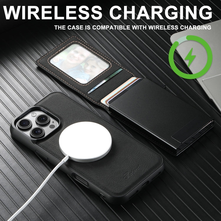 For iPhone 15 Pro Suteni H19 Litchi Grain 2-in-1 MagSafe Removable Card Box Back Phone Case(Black)