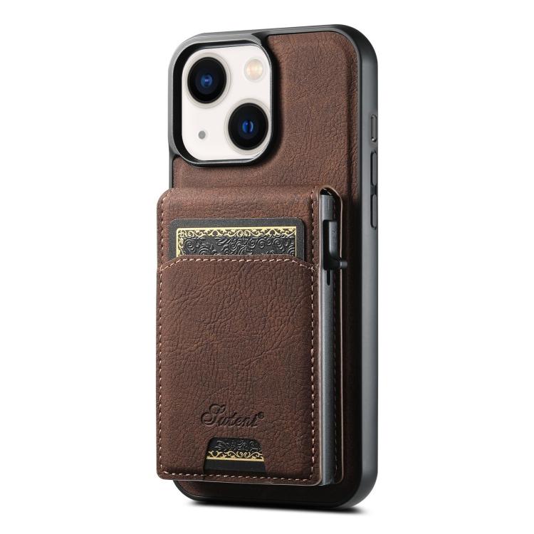 For iPhone 14 Plus Suteni H19 Litchi Grain 2-in-1 MagSafe Removable Card Box Back Phone Case(Brown)