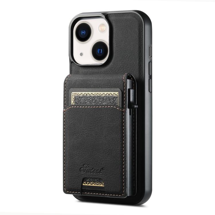 For iPhone 14 Suteni H19 Litchi Grain 2-in-1 MagSafe Removable Card Box Back Phone Case(Black)