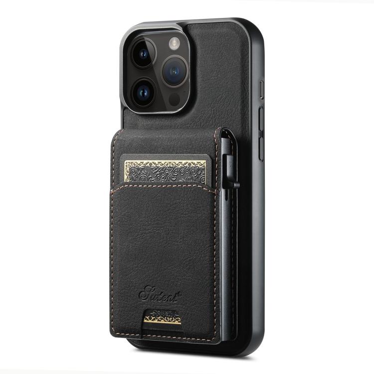For iPhone 14 Pro Suteni H19 Litchi Grain 2-in-1 MagSafe Removable Card Box Back Phone Case(Black)