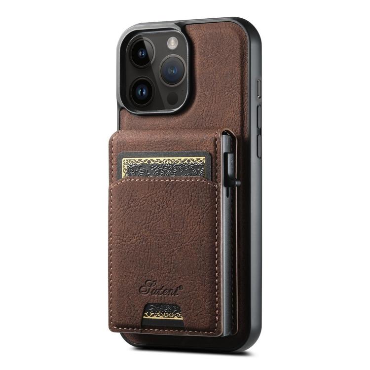 For iPhone 14 Pro Max Suteni H19 Litchi Grain 2-in-1 MagSafe Removable Card Box Back Phone Case(Brown)