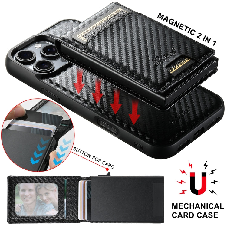 For iPhone 14 Pro Max Suteni H19 Carbon Fiber Grain 2-in-1 MagSafe Removable Card Box Back Phone Case(Black)