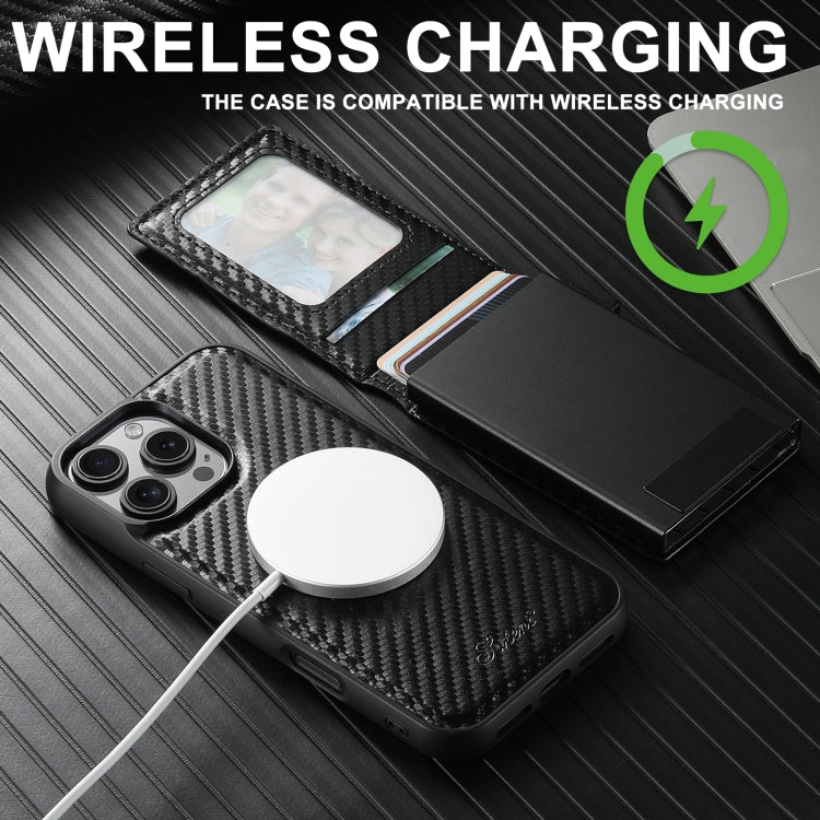 For iPhone 14 Pro Max Suteni H19 Carbon Fiber Grain 2-in-1 MagSafe Removable Card Box Back Phone Case(Black)
