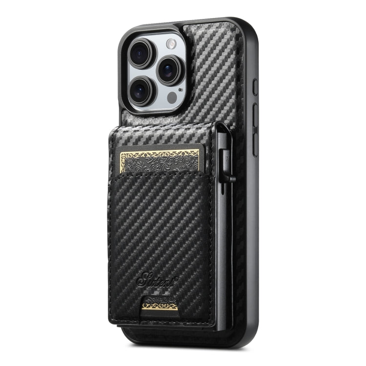 For iPhone 13 Pro Suteni H19 Carbon Fiber Grain 2-in-1 MagSafe Removable Card Box Back Phone Case(Black)