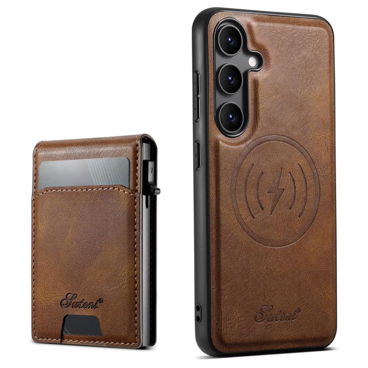 For Samsung Galaxy S24+ 5G Suteni H19 Oil Wax 2-in-1 MagSafe Removable Card Box Back Phone Case(Brown)