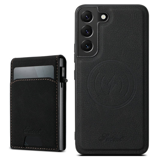 For Samsung Galaxy S24+ 5G Suteni H19 Litchi Texture 2-in-1 MagSafe Removable Card Case Back Phone Case(Black)