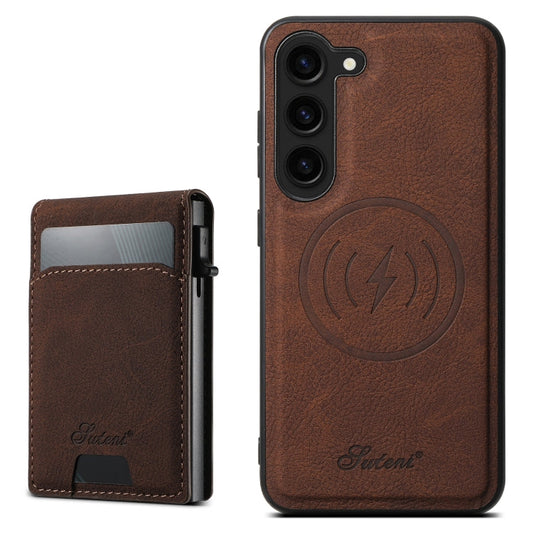 For Samsung Galaxy S23+ 5G Suteni H19 Litchi Texture 2-in-1 MagSafe Removable Card Case Back Phone Case(Brown)