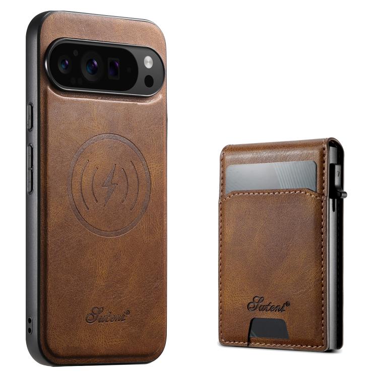 For Google Pixel 10 Pro Suteni H19 Oil Wax 2-in-1 MagSafe Removable Card Box Back Phone Case(Brown)