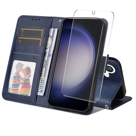 For Galaxy S24+ 5G ENKAY Card Wallet Calf Texture Leather Phone Case with Screen Film(Blue)