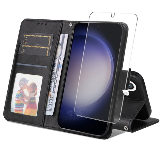 For Galaxy S24 5G ENKAY Card Wallet Calf Texture Leather Phone Case with Screen Film(Black)
