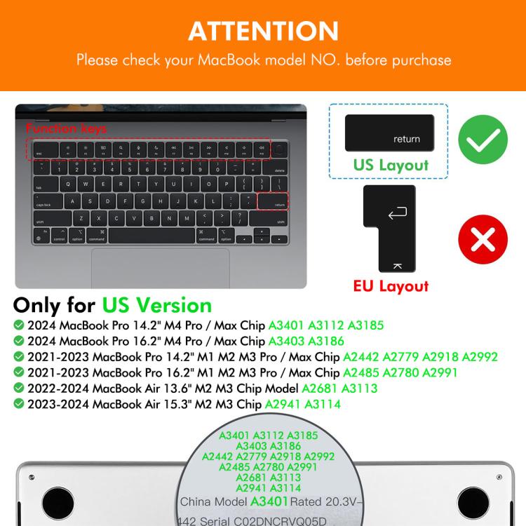 For MacBook Air 13.6 / 15.3 ＆ Pro 14.2 / 16.2 ENKAY US Version Keyboard Cover Soft Silicone Protective Film(White)
